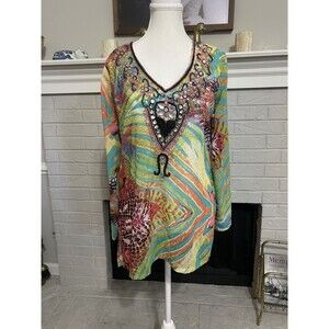 Mix Nouvea Size Small Tunic Top - Colorful, Abstract Print, Beaded Embellished